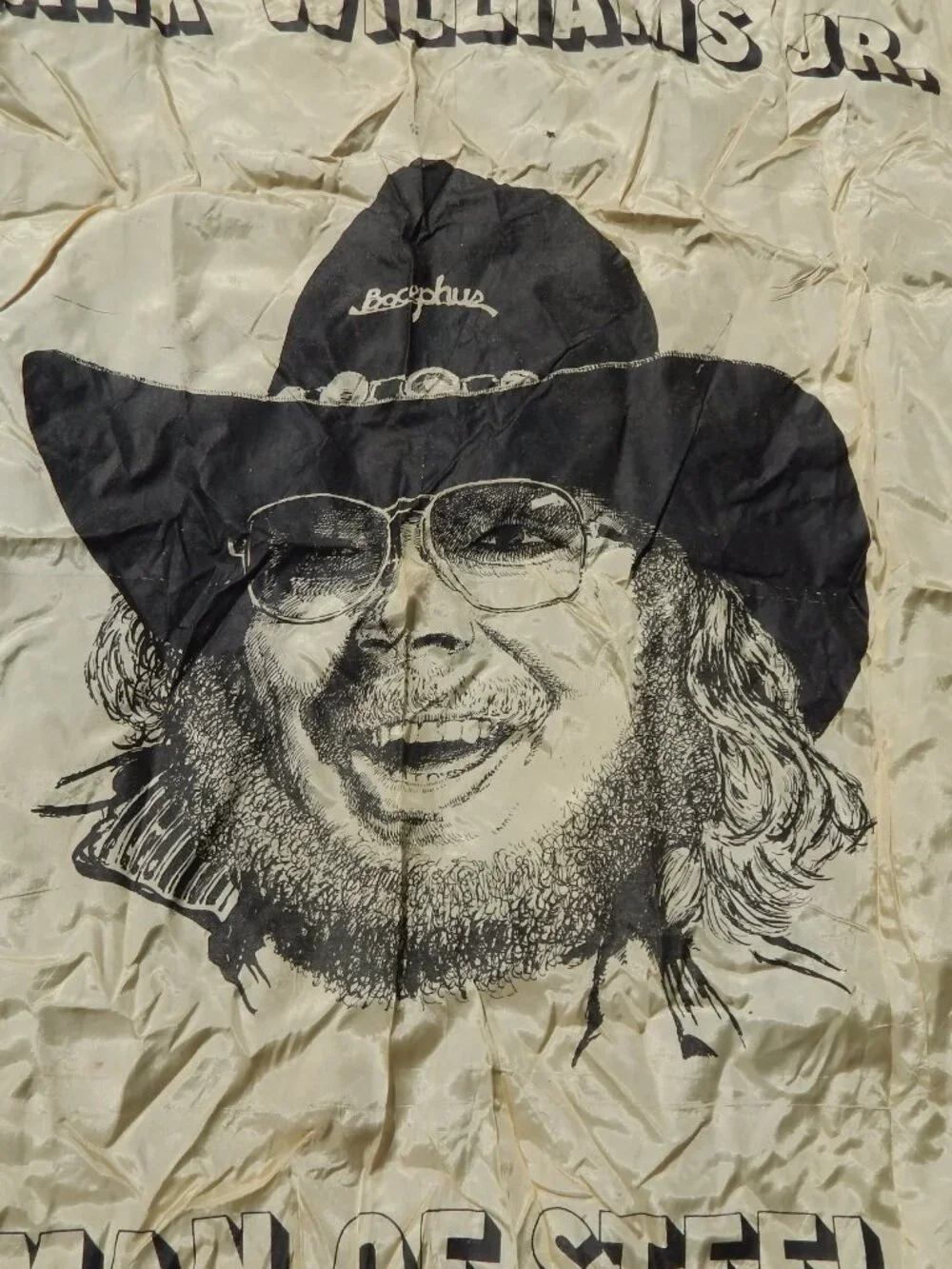 VINTAGE HANK WILLIAMS JR. MAN OF STEEL BOCEPHUS SATIN BANNER Country Music
